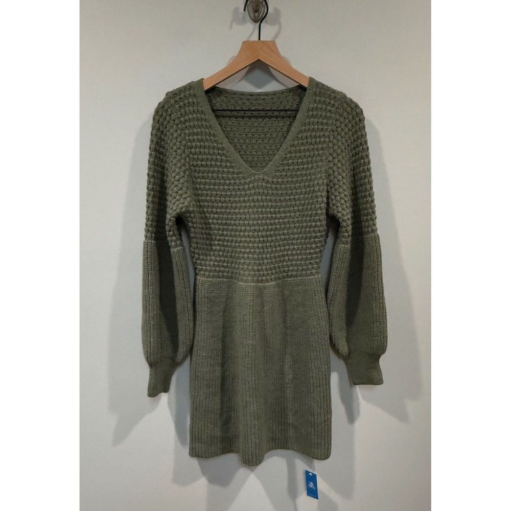Cupshe Puff Long Sleeve  Honeycomb Knit Mini Sweater Dress Sage Green Small NWT